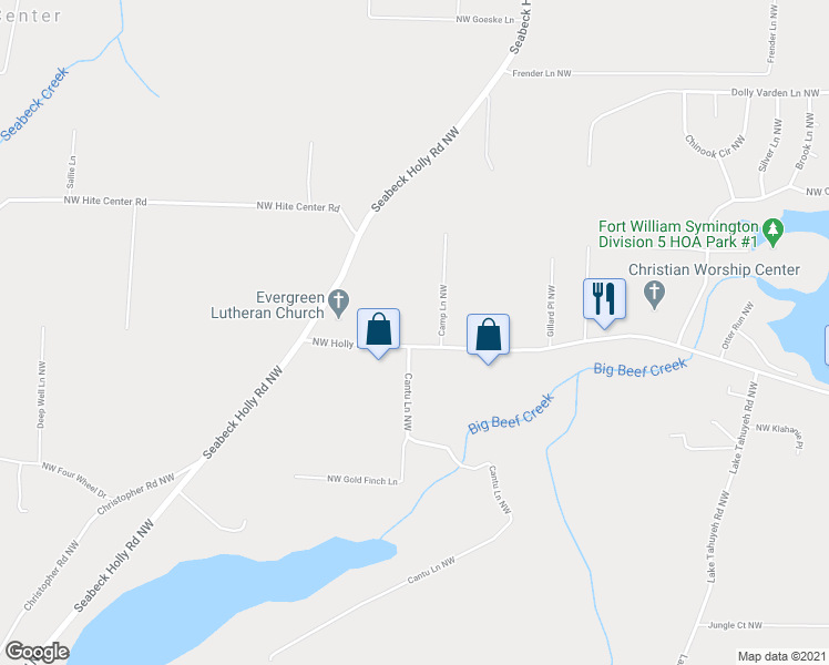 map of restaurants, bars, coffee shops, grocery stores, and more near 14798 Northwest Holly Road in Seabeck