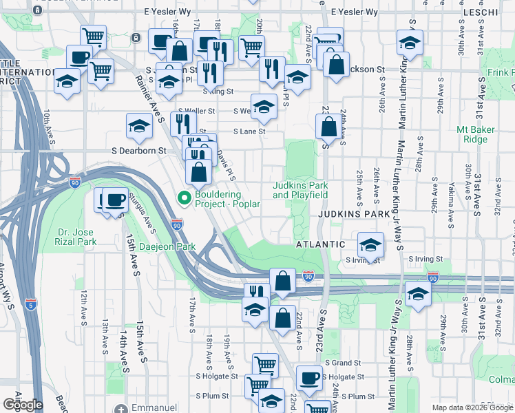 map of restaurants, bars, coffee shops, grocery stores, and more near 934 Davis Place South in Seattle