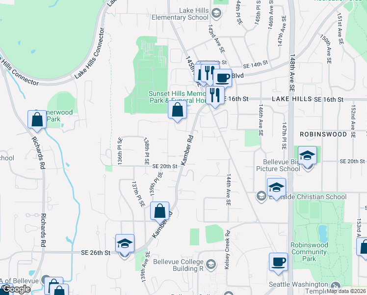 map of restaurants, bars, coffee shops, grocery stores, and more near 1841 Kamber Road in Bellevue