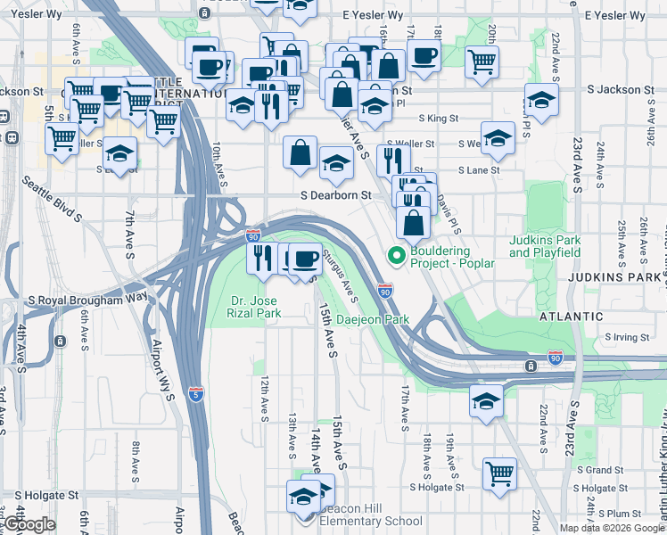 map of restaurants, bars, coffee shops, grocery stores, and more near 1005 Sturgus Avenue South in Seattle