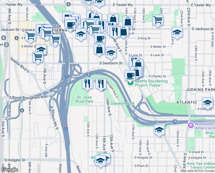 map of restaurants, bars, coffee shops, grocery stores, and more near 1005 Sturgus Avenue South in Seattle