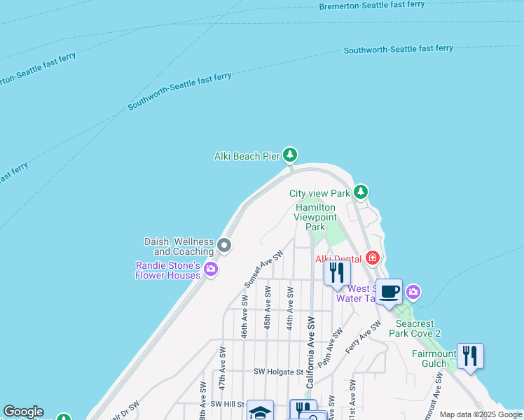 map of restaurants, bars, coffee shops, grocery stores, and more near 1252 Alki Avenue Southwest in Seattle