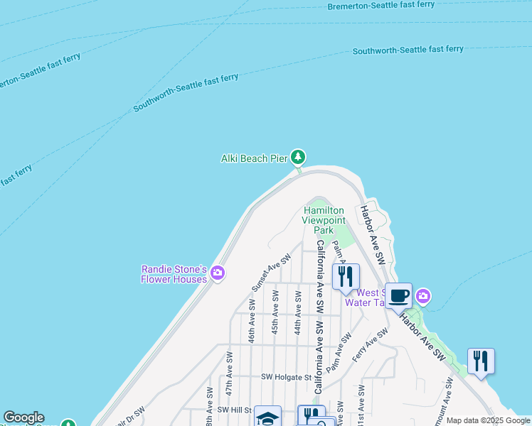 map of restaurants, bars, coffee shops, grocery stores, and more near 1252 Alki Avenue Southwest in Seattle