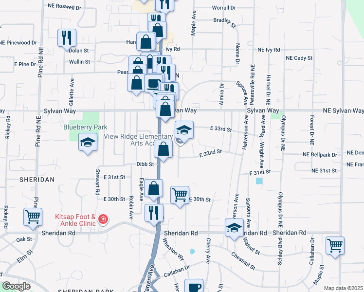 map of restaurants, bars, coffee shops, grocery stores, and more near 3250 Spruce Avenue in Bremerton