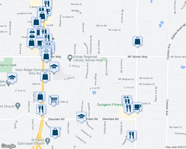 map of restaurants, bars, coffee shops, grocery stores, and more near 3243 Wright Avenue in Bremerton