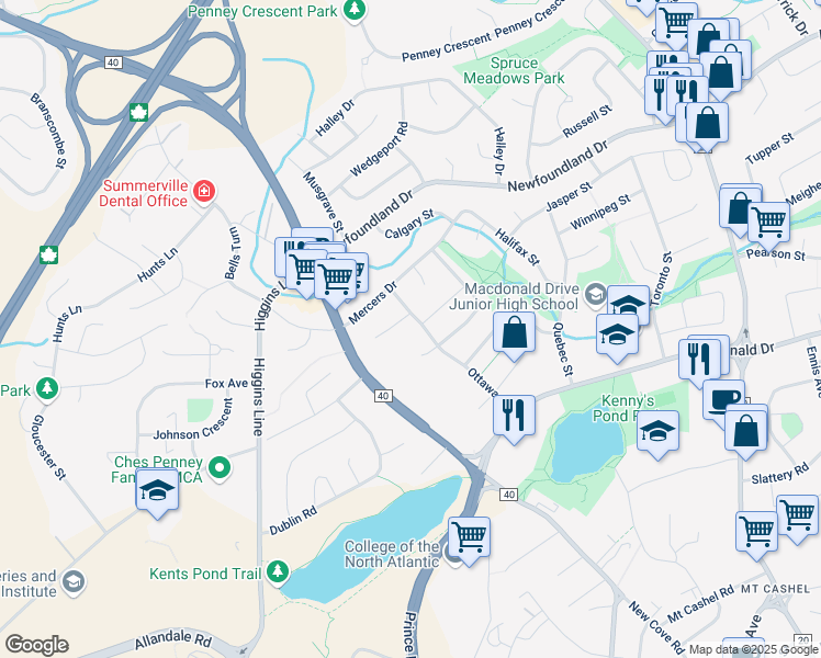 map of restaurants, bars, coffee shops, grocery stores, and more near 1 Whitehorse Place in St. John's