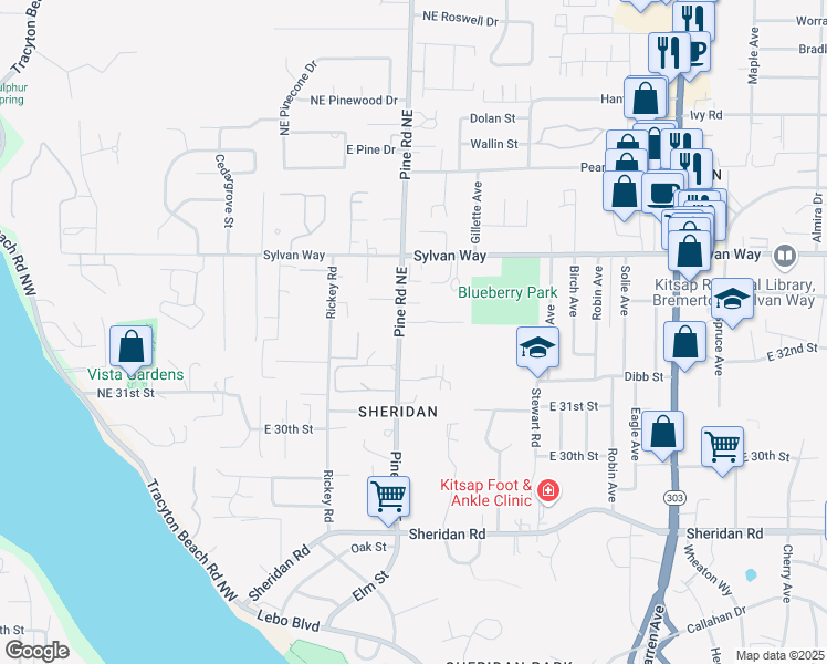 map of restaurants, bars, coffee shops, grocery stores, and more near 3232 Pine Road Northeast in Bremerton