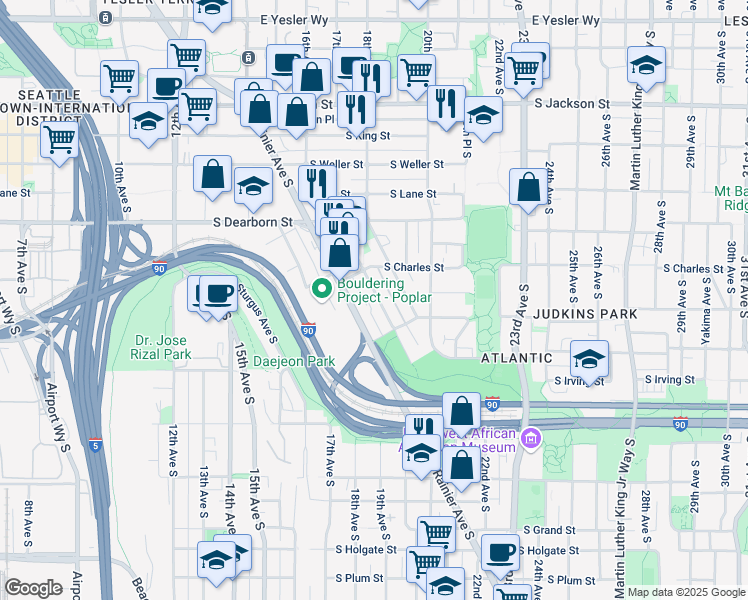 map of restaurants, bars, coffee shops, grocery stores, and more near 925 Hiawatha Place South in Seattle
