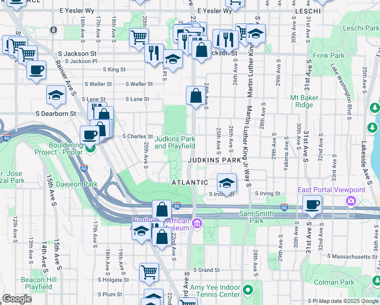 map of restaurants, bars, coffee shops, grocery stores, and more near 933 23rd Avenue South in Seattle