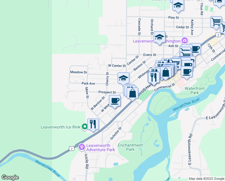map of restaurants, bars, coffee shops, grocery stores, and more near 136 Prospect Street in Leavenworth