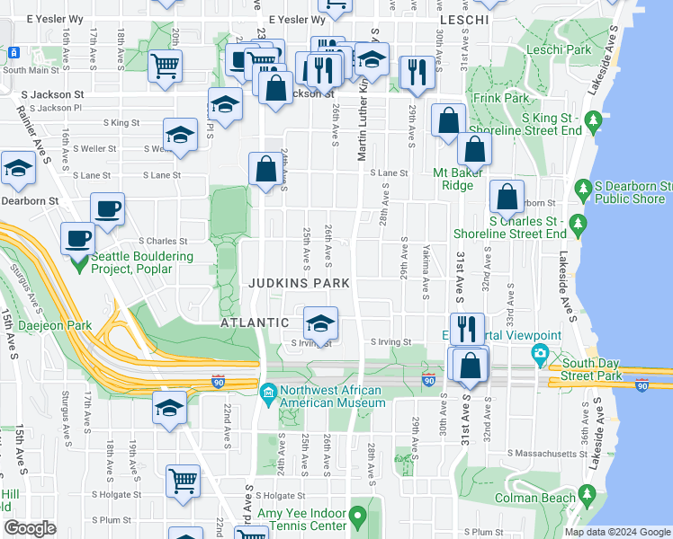 map of restaurants, bars, coffee shops, grocery stores, and more near 939 Martin Luther King Junior Way South in Seattle