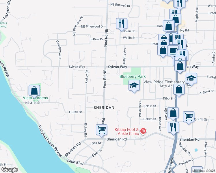 map of restaurants, bars, coffee shops, grocery stores, and more near 3232 Pine Road Northeast in Bremerton