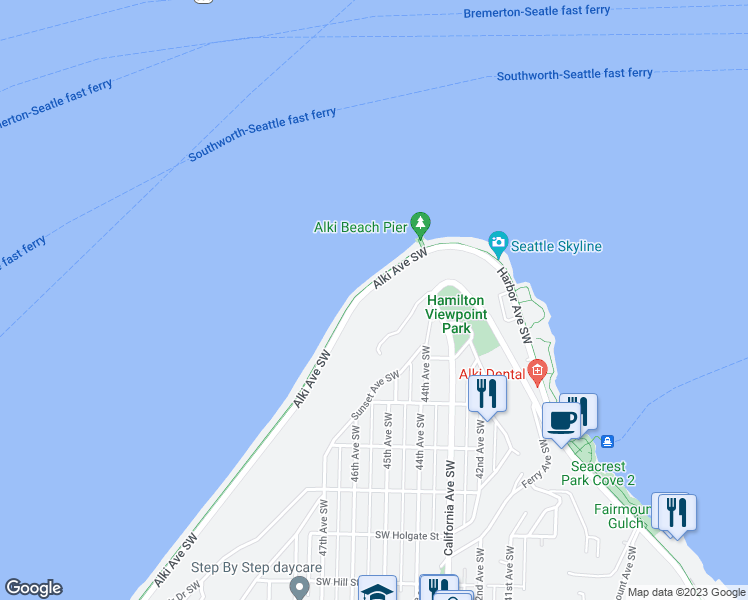 map of restaurants, bars, coffee shops, grocery stores, and more near 1252 Alki Avenue Southwest in Seattle