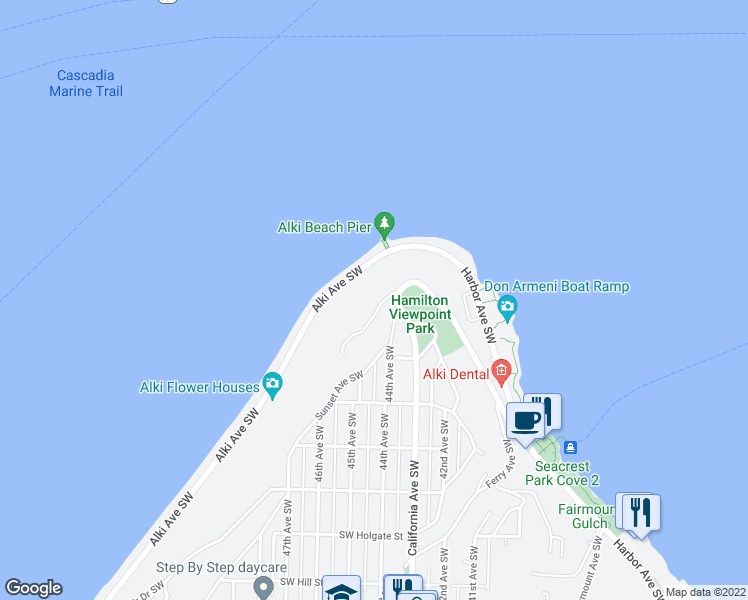 map of restaurants, bars, coffee shops, grocery stores, and more near 1021 California Lane Southwest in Seattle