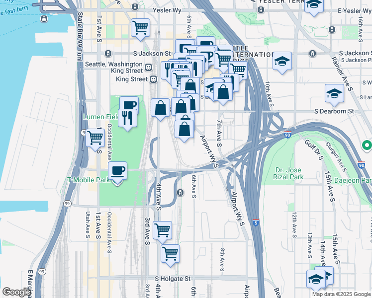 map of restaurants, bars, coffee shops, grocery stores, and more near 1033 6th Avenue South in Seattle