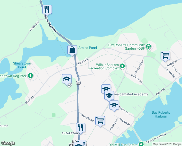 map of restaurants, bars, coffee shops, grocery stores, and more near 20 Heneys Pond Road in Bay Roberts