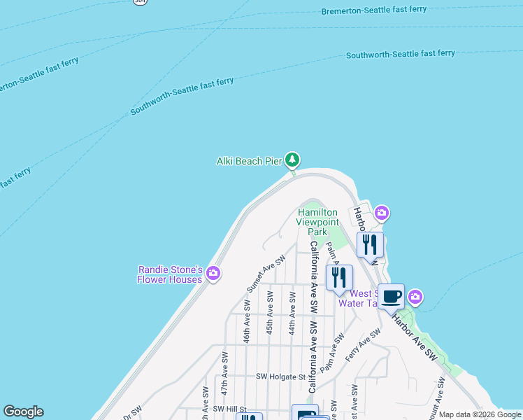 map of restaurants, bars, coffee shops, grocery stores, and more near 1250 Alki Avenue Southwest in Seattle