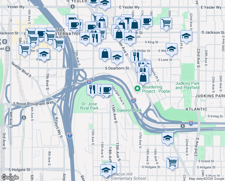 map of restaurants, bars, coffee shops, grocery stores, and more near 1005 Sturgus Avenue South in Seattle