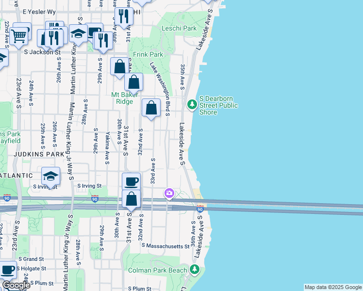 map of restaurants, bars, coffee shops, grocery stores, and more near Lakeside Avenue South in Seattle