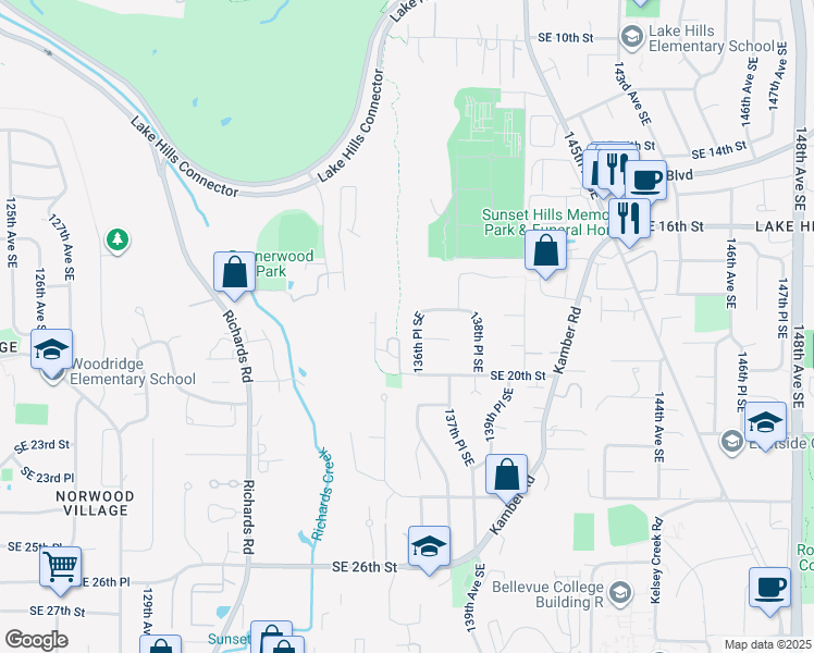 map of restaurants, bars, coffee shops, grocery stores, and more near 13601 Southeast 20th Street in Bellevue
