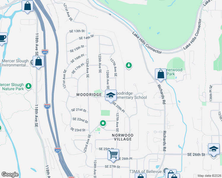 map of restaurants, bars, coffee shops, grocery stores, and more near 1900 126th Avenue Southeast in Bellevue