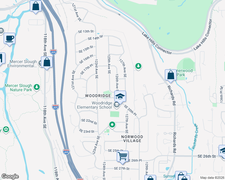 map of restaurants, bars, coffee shops, grocery stores, and more near 1843 125th Avenue Southeast in Bellevue