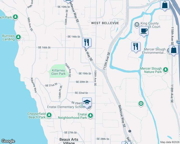 map of restaurants, bars, coffee shops, grocery stores, and more near 10466 Southeast 19th Street in Bellevue