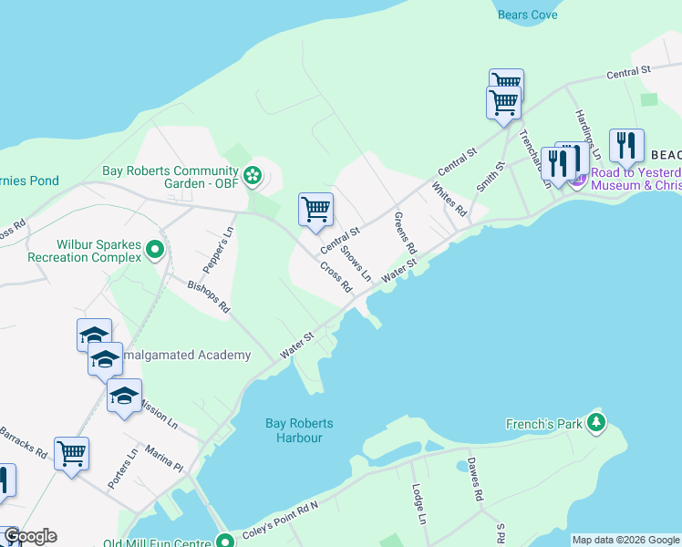 map of restaurants, bars, coffee shops, grocery stores, and more near 6 Cross Road in Bay Roberts
