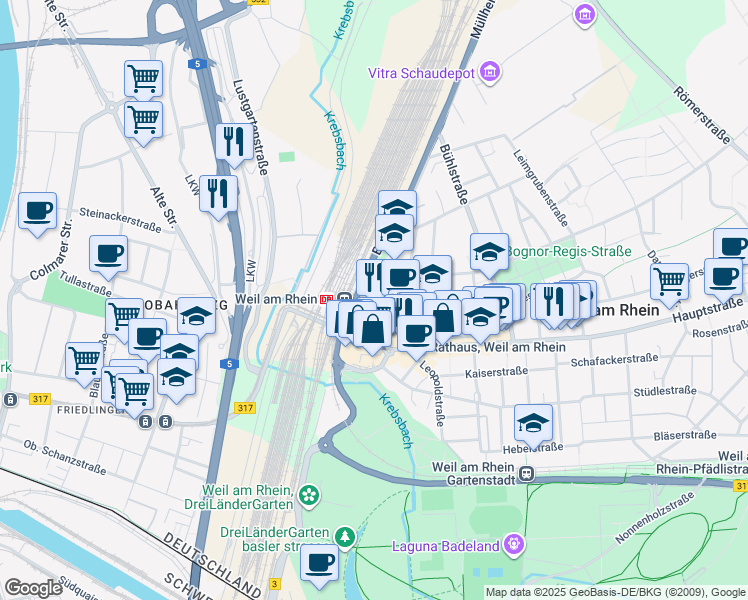 map of restaurants, bars, coffee shops, grocery stores, and more near 6 Müllheimer Straße in Weil am Rhein