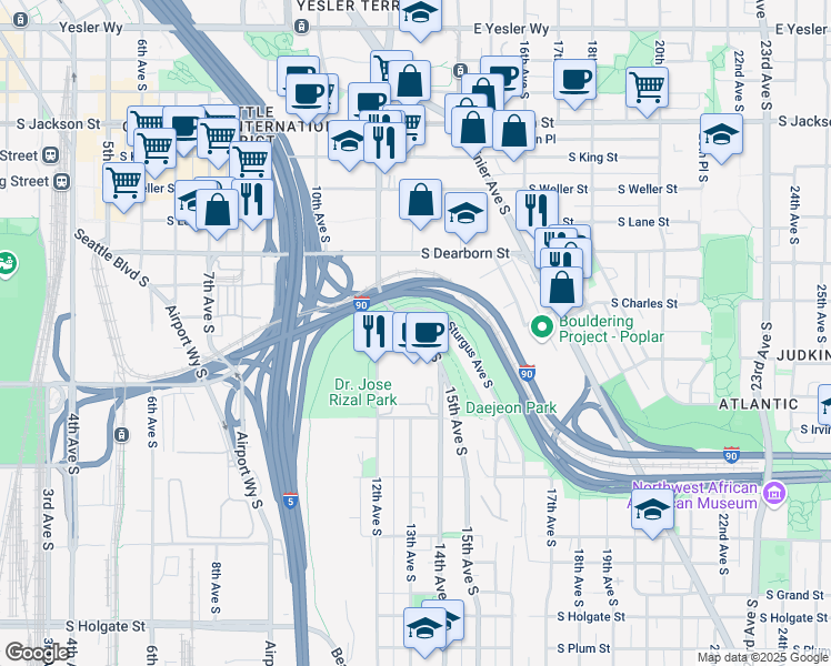 map of restaurants, bars, coffee shops, grocery stores, and more near 600 Golf Drive South in Seattle