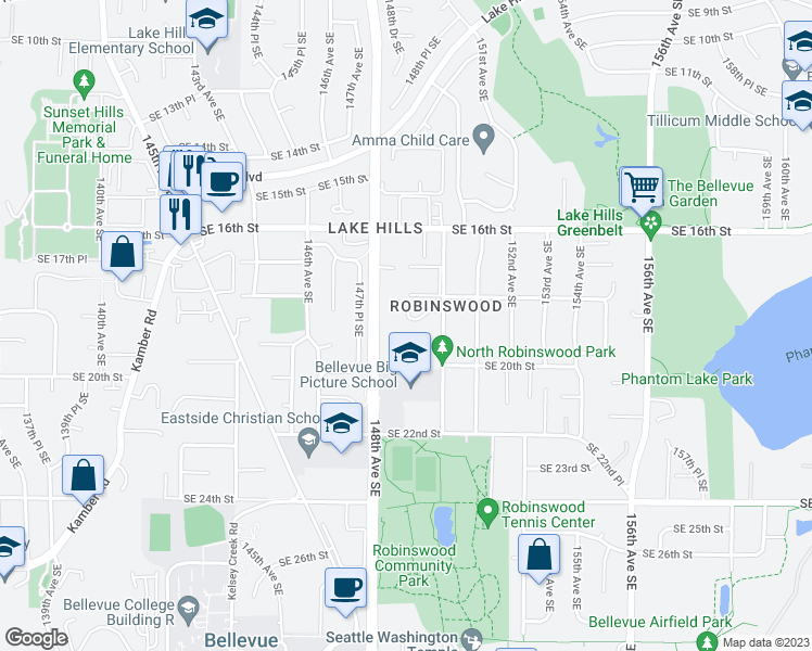 map of restaurants, bars, coffee shops, grocery stores, and more near 14829 Southeast 18th Place in Bellevue