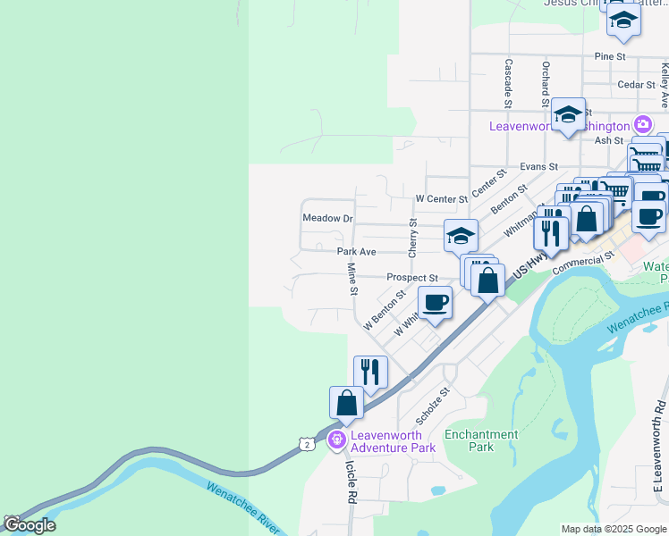 map of restaurants, bars, coffee shops, grocery stores, and more near 330 Prospect Street in Leavenworth