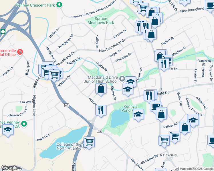 map of restaurants, bars, coffee shops, grocery stores, and more near 8 Vancouver Street in St. John's