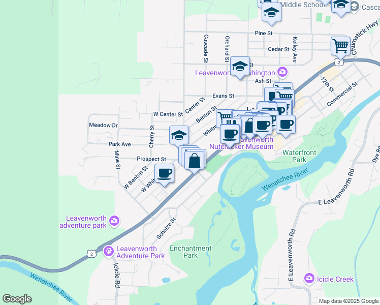 map of restaurants, bars, coffee shops, grocery stores, and more near 590 U.S. 2 in Leavenworth