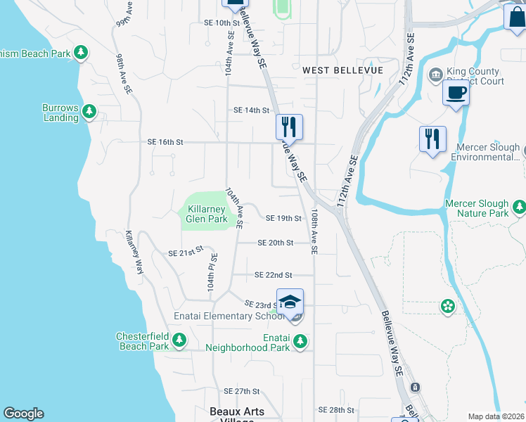map of restaurants, bars, coffee shops, grocery stores, and more near 10447 Southeast 19th Street in Bellevue