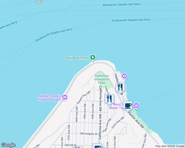 map of restaurants, bars, coffee shops, grocery stores, and more near 1021 California Lane Southwest in Seattle