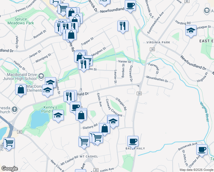 map of restaurants, bars, coffee shops, grocery stores, and more near 61 Macdonald Drive in St. John's