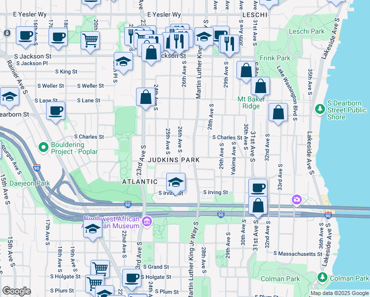 map of restaurants, bars, coffee shops, grocery stores, and more near 939 Martin Luther King Junior Way South in Seattle