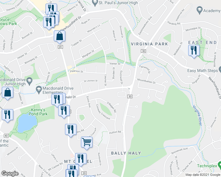 map of restaurants, bars, coffee shops, grocery stores, and more near 25 Macdonald Drive in Saint John's