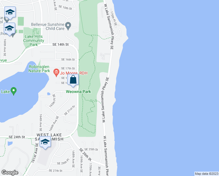map of restaurants, bars, coffee shops, grocery stores, and more near 1822 West Lake Sammamish Parkway Southeast in Bellevue