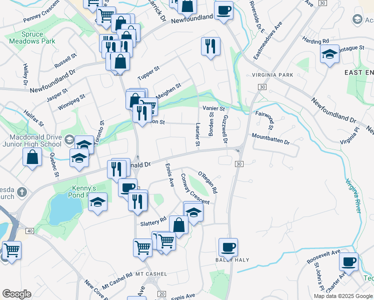 map of restaurants, bars, coffee shops, grocery stores, and more near 2 Saint Laurent Street in St. John's