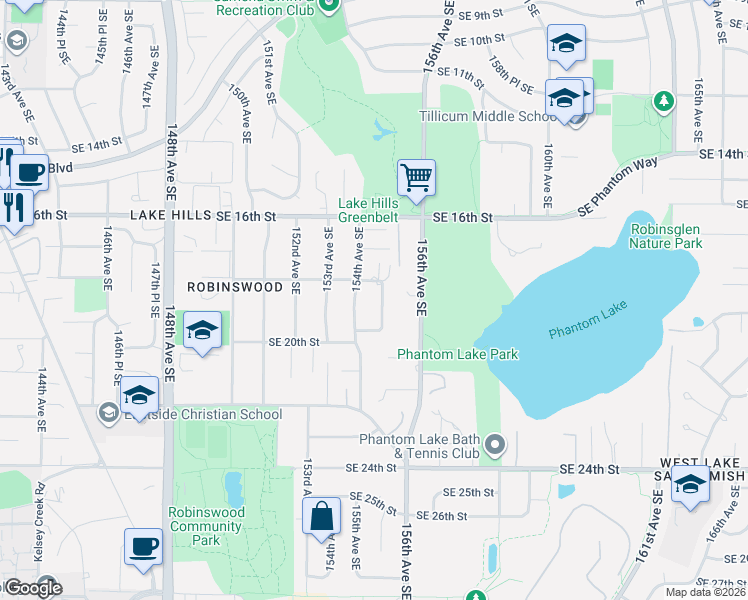 map of restaurants, bars, coffee shops, grocery stores, and more near 1828 154th Avenue Southeast in Bellevue