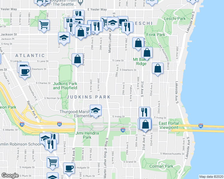 map of restaurants, bars, coffee shops, grocery stores, and more near 940 28th Avenue South in Seattle