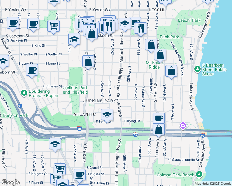 map of restaurants, bars, coffee shops, grocery stores, and more near 939 Martin Luther King Junior Way South in Seattle