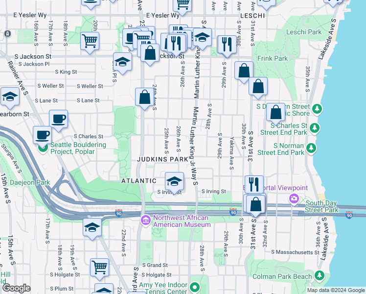 map of restaurants, bars, coffee shops, grocery stores, and more near 939 Martin Luther King Junior Way South in Seattle