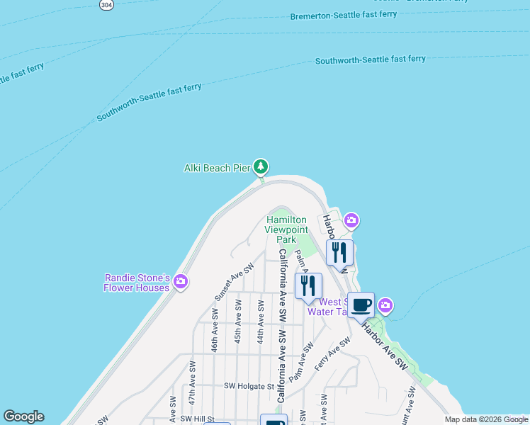 map of restaurants, bars, coffee shops, grocery stores, and more near 1021 California Lane Southwest in Seattle