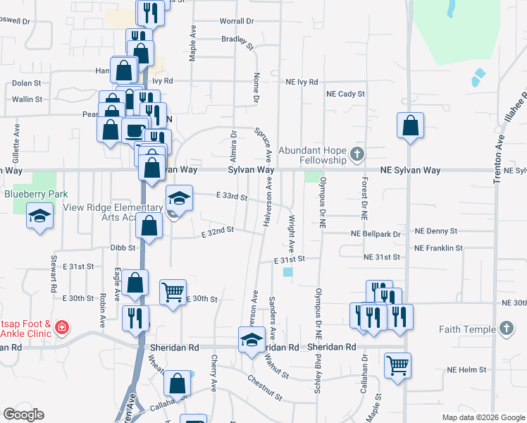 map of restaurants, bars, coffee shops, grocery stores, and more near 3244 Halverson Avenue in Bremerton