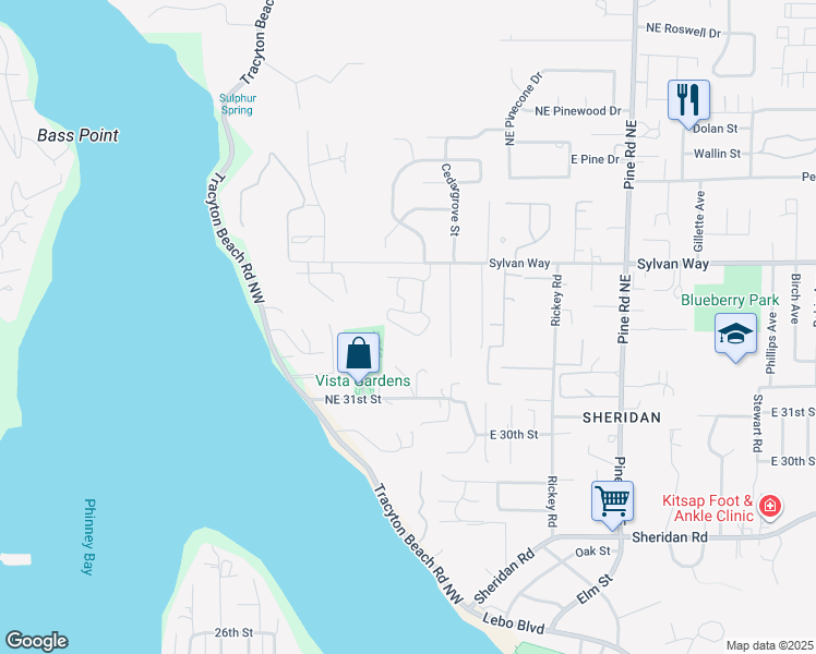 map of restaurants, bars, coffee shops, grocery stores, and more near 3340 Narrows View Lane Northeast in Bremerton