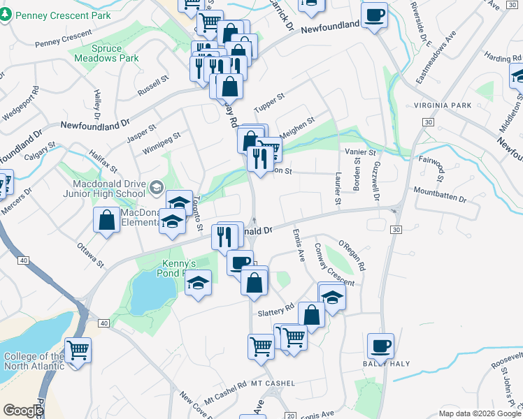 map of restaurants, bars, coffee shops, grocery stores, and more near 170 Torbay Road in St. John's