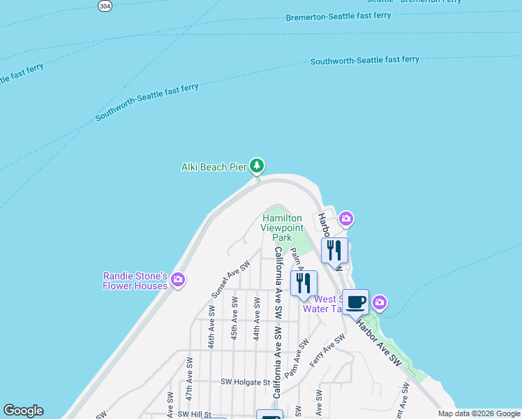 map of restaurants, bars, coffee shops, grocery stores, and more near 1017 California Lane Southwest in Seattle